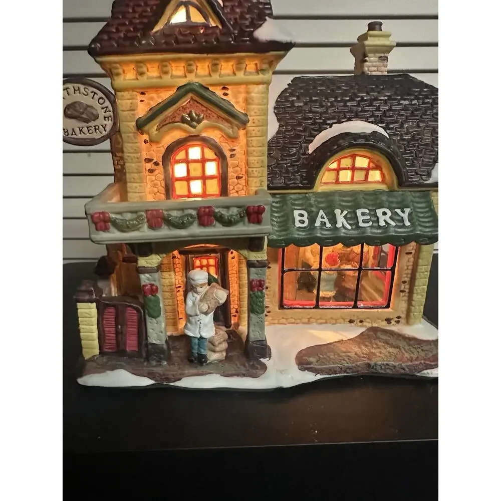Illuminated Christmas Village Hearthstone Bakery w/ Baker Figure - Holiday Decor